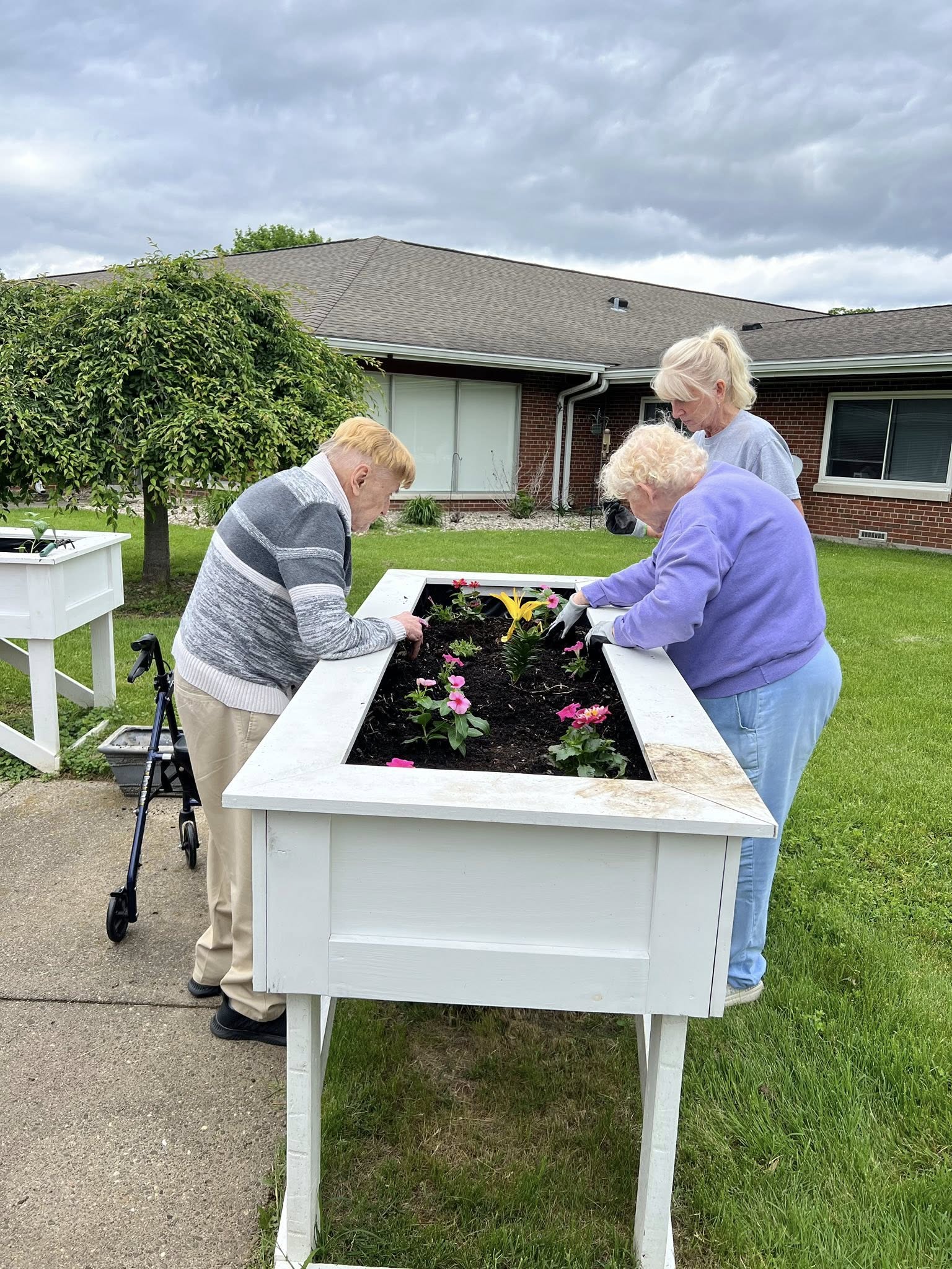 Three older adults tend to flowers in a raised white garden bed outside a senior care facility specializing in elderly care. Two women and one man work together, planting and caring for colorful flowers on a cloudy day.