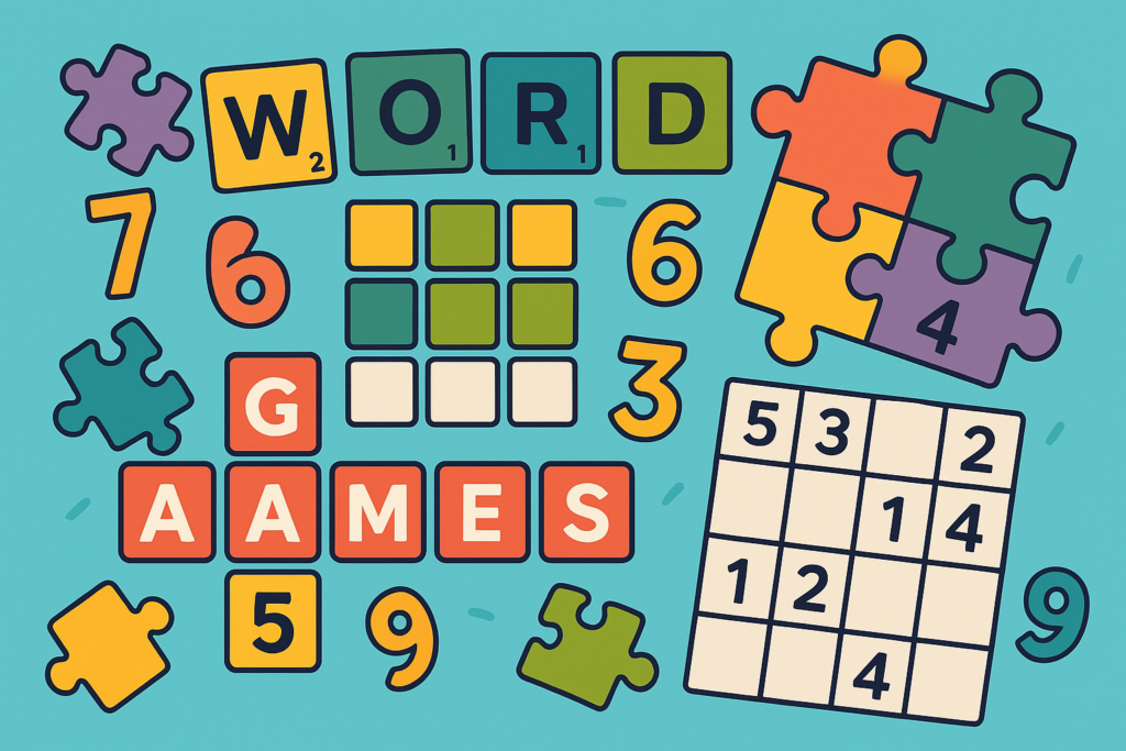 Colorful image with puzzle pieces, number tiles, and letter blocks spelling WORD GAMES. Includes a partial Sudoku grid, numbers 3–9, and various puzzle elements on a blue background.