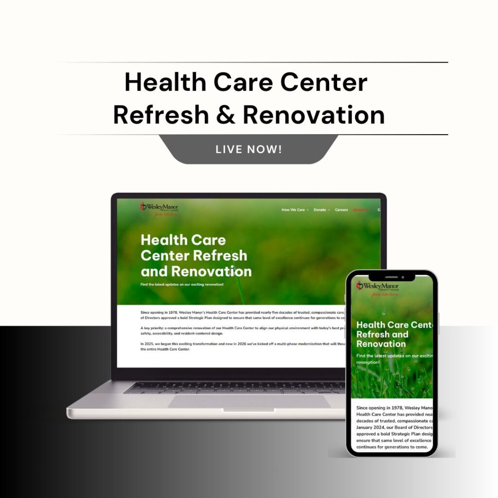 A laptop and smartphone display a website titled Health Care Center Refresh and Renovation. Above them, large text reads Health Care Center Refresh & Renovation - Live Now! on a white background.