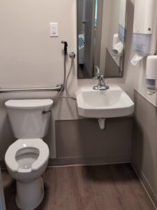 Accessible bathroom with white toilet, grab bar, bidet sprayer, wall-mounted sink, soap dispenser, and mirror. The floor is light wood, and the walls are light-colored. A hallway is visible through an open door.