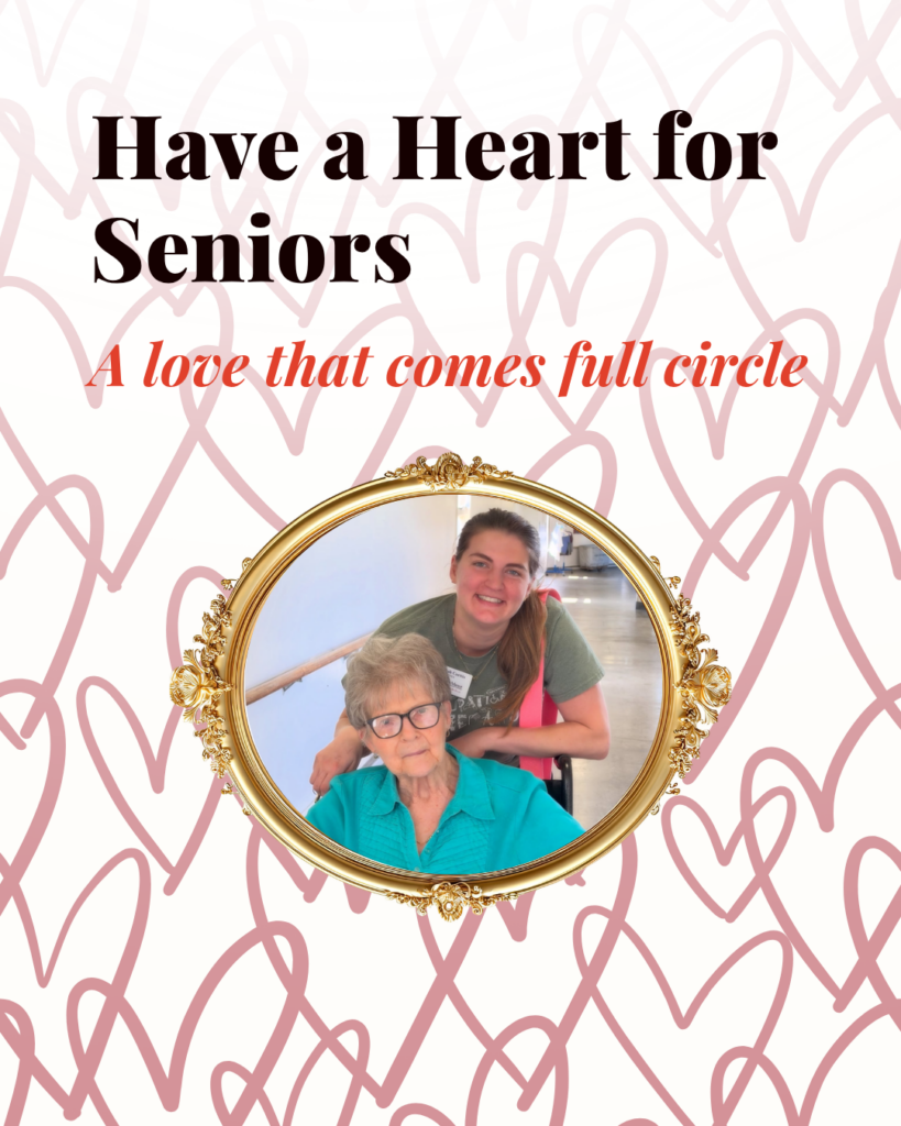 A smiling younger woman embraces an older woman in glasses who sits in a wheelchair, framed by a gold oval on hand-drawn pink hearts. Text reads: Have a Heart for Seniors. Hope and Holidays—a love that comes full circle.