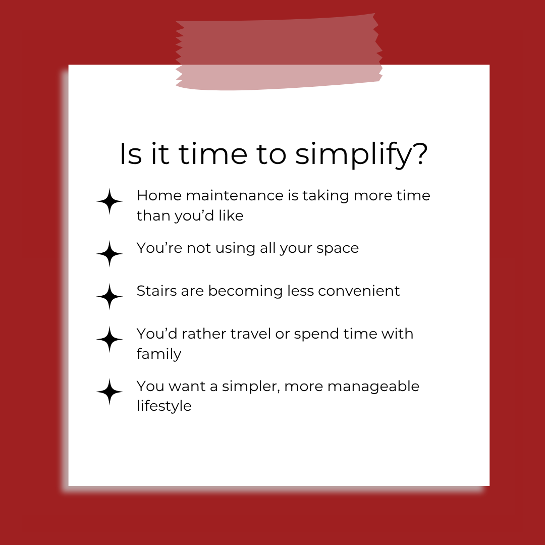 A white square paper on a red background features the heading “Is it time to simplify?” with a checklist of five reasons to embrace a simpler lifestyle, like home maintenance—perfect for those considering Wesley Manor Independent Living.
